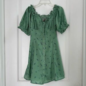 ASOS Green Floral Puff Sleeve Mini Dress with Blue Accents